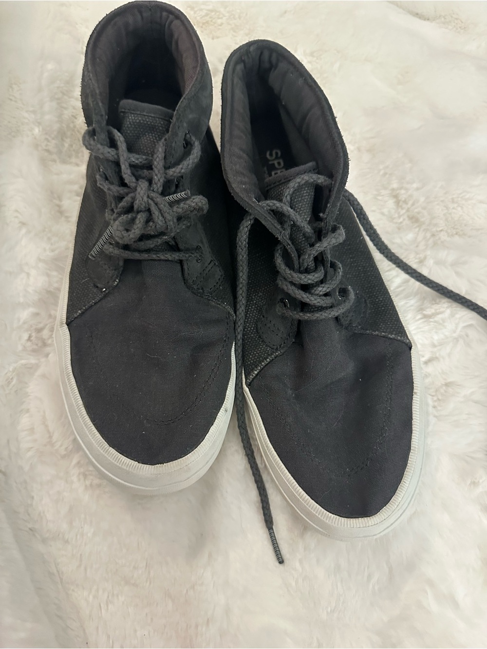 Sperry canvas high tops.